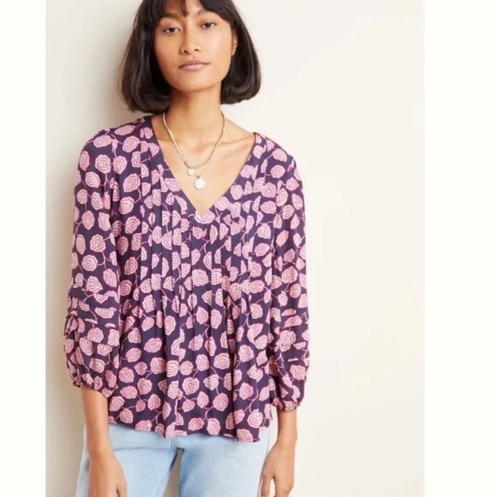 Anthropologie Maeve Purple Pink Patterned Blouse Boho Romantic Top Size S
